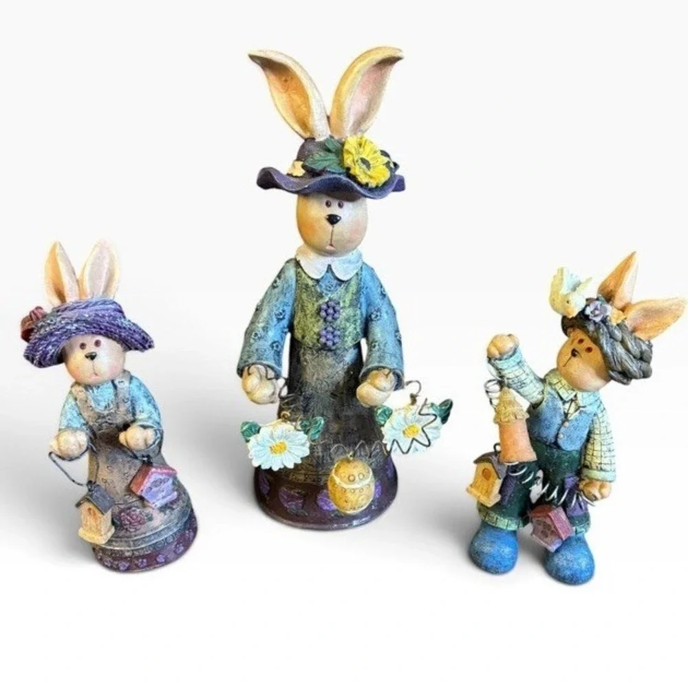 Vintage Style Resin Easter Bunny Figurines Set 3 Piece Primitive Spring Decor